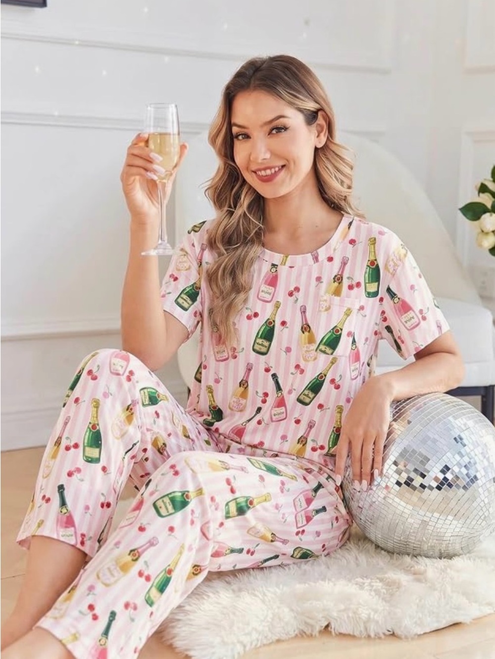 Pink Champagne Bottle Print Short-Sleeve Pajama Set
